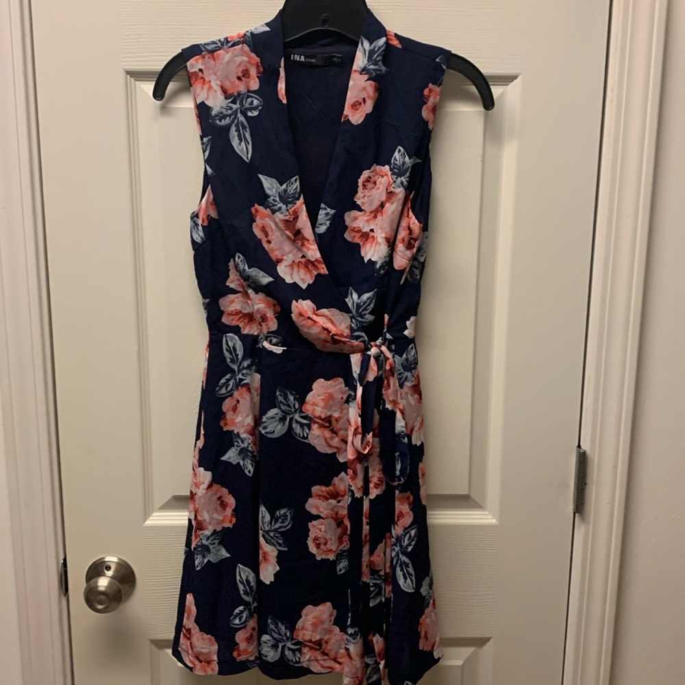Blue floral faux wrap dress